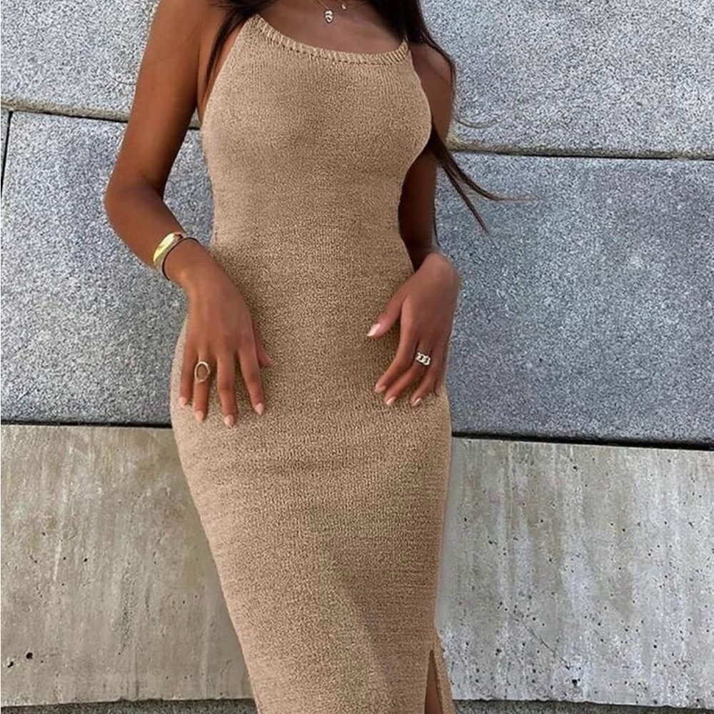 Tan Knit Midi Dress